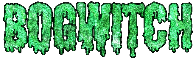 the word bogwitch in large green glitter text